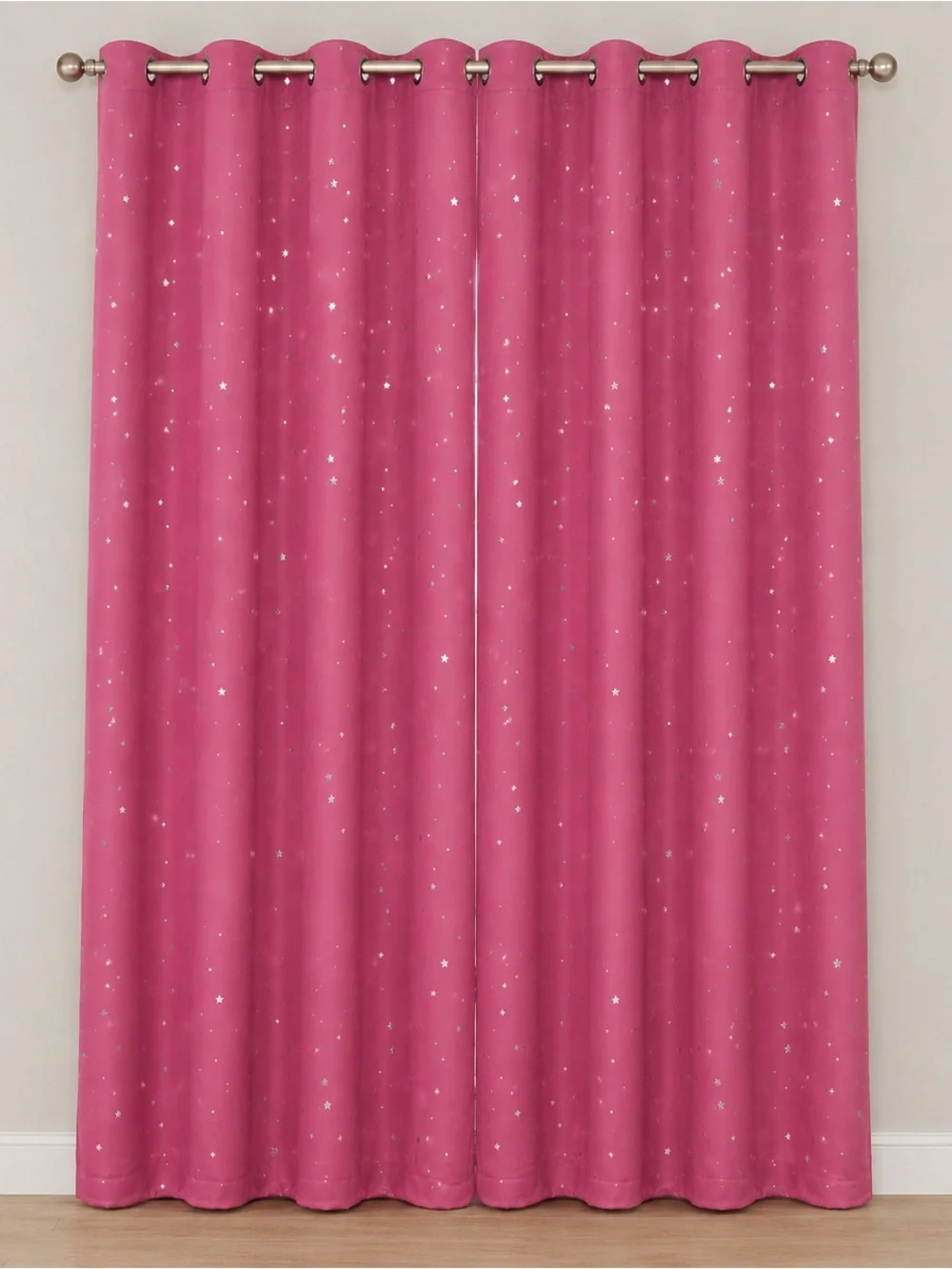 Set of Blush Pink & Silver Foil Stars Celestial Black Out Grommet Curtains